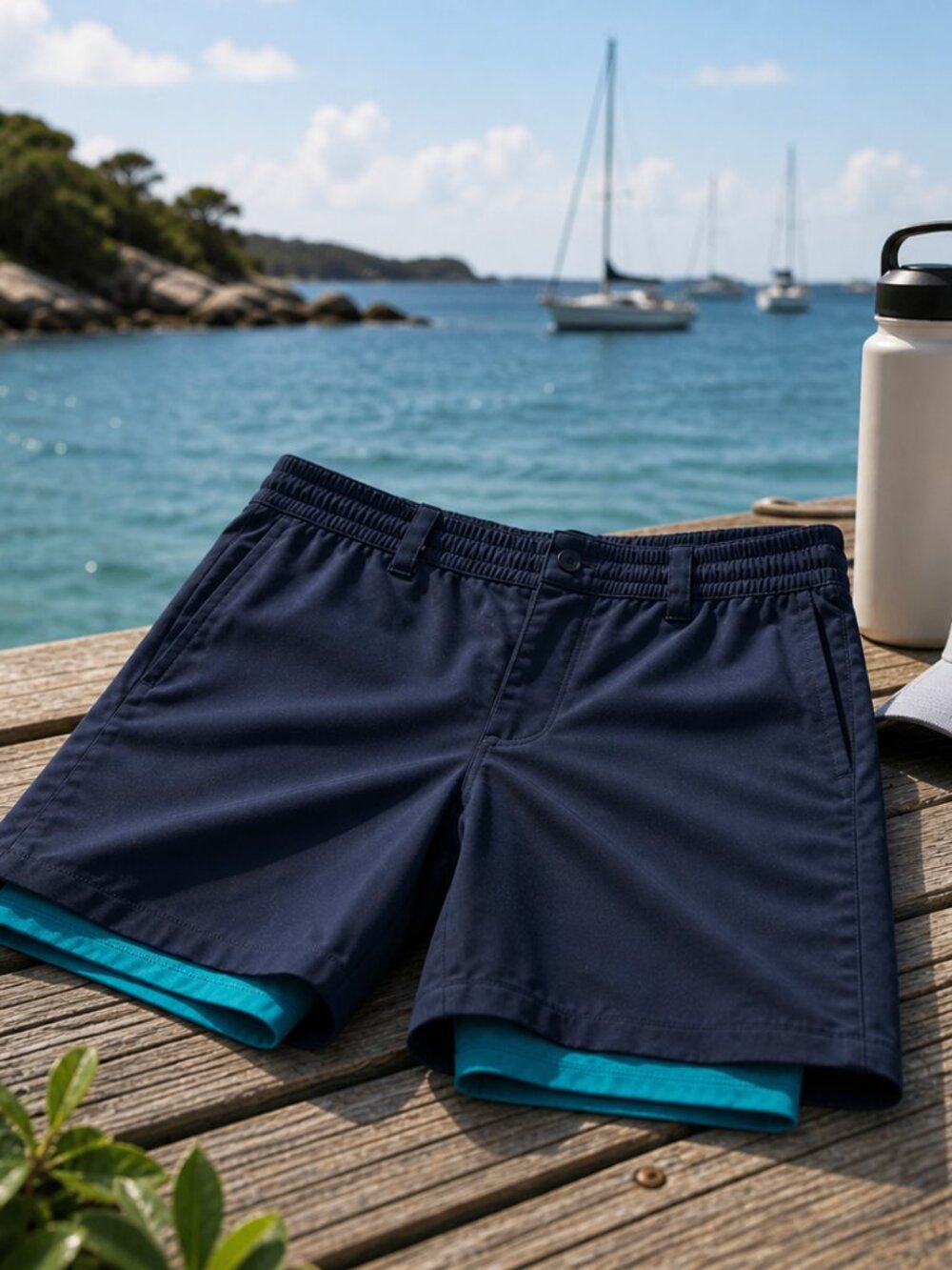 Birddogs 3-in-1 Khaki Shorts XL Long Flat Front Navy Teal Lined Performance